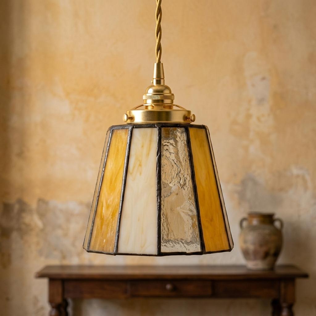 Small Amber Cream Stained Glass Pendant Light, Vintage Faceted Hanging Lamp
