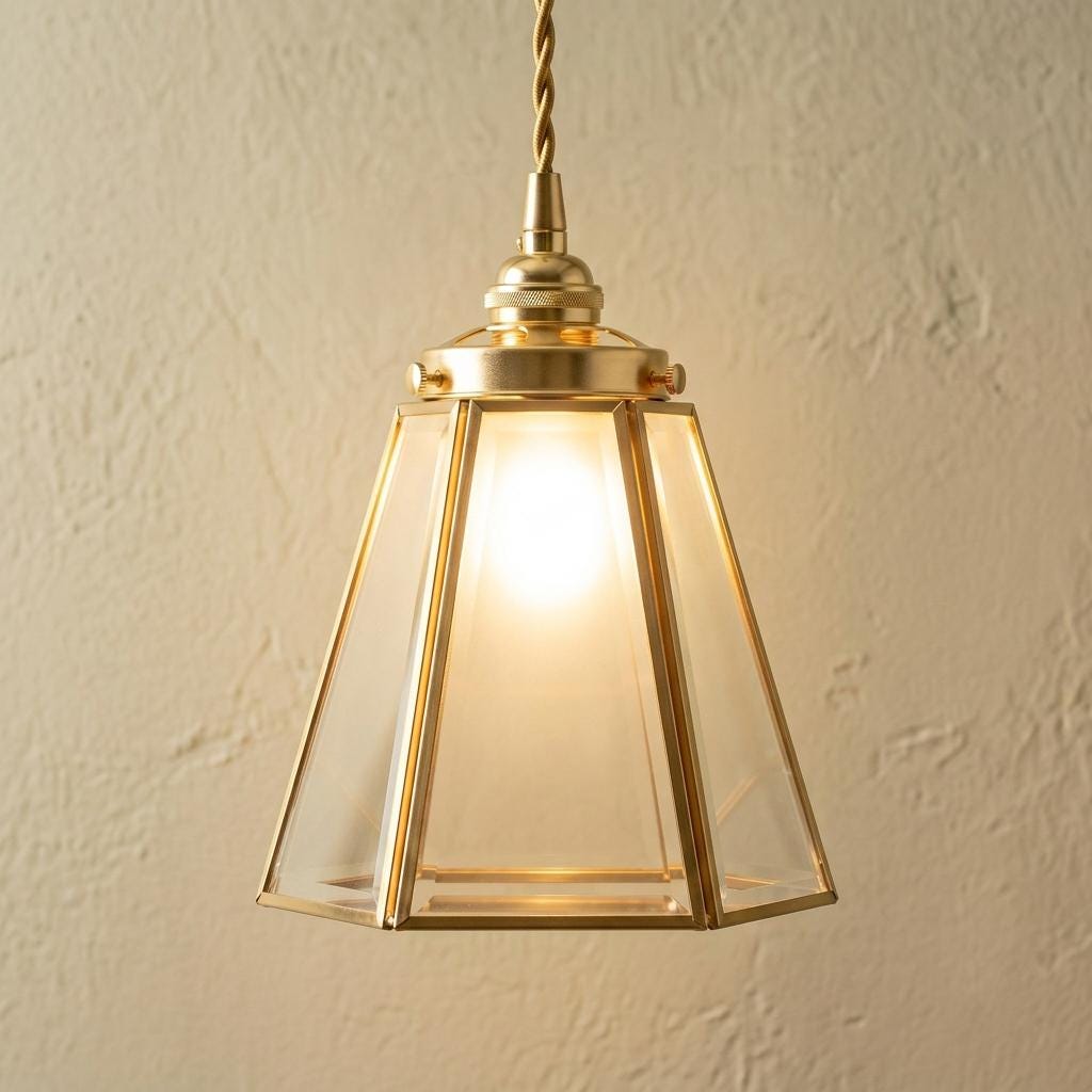 Clear Glass Geometric Pendant Light, Brass Tone Art Deco Hanging Lamp