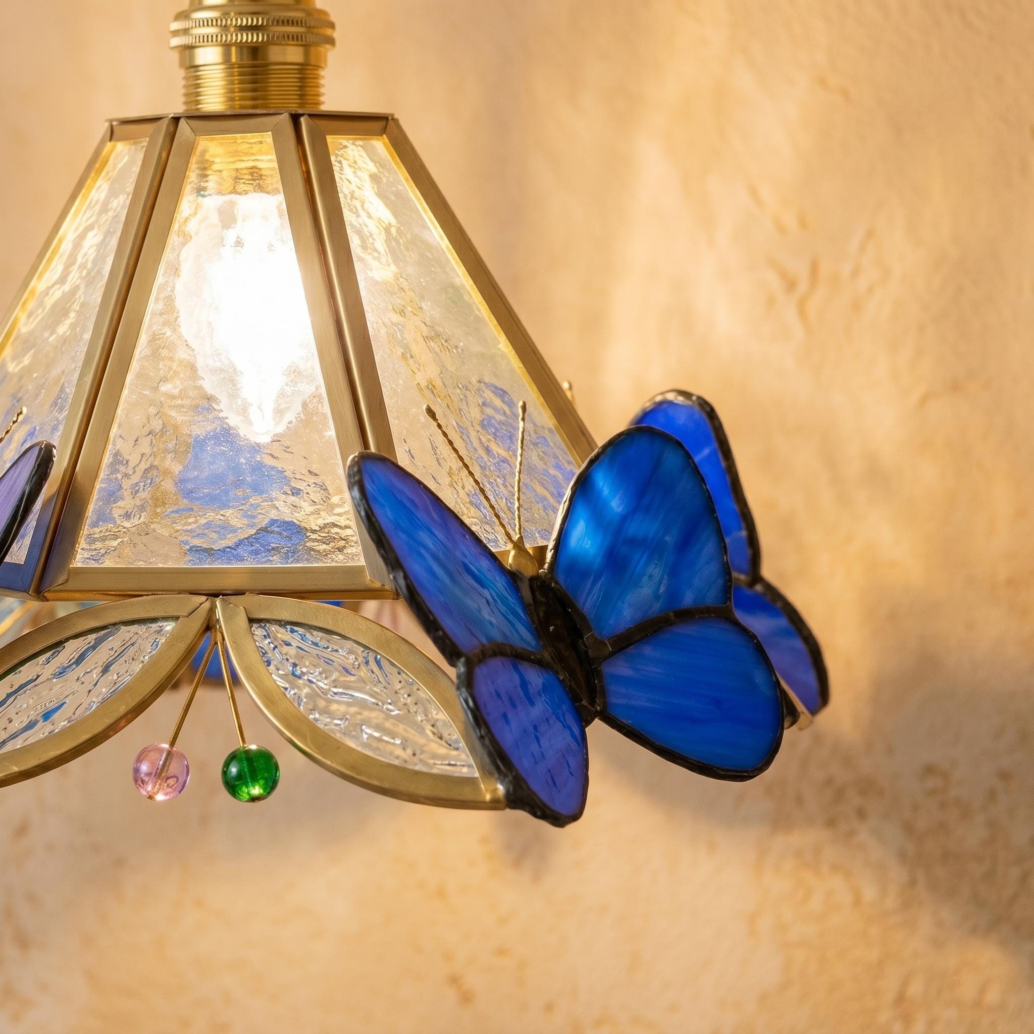 Handmade Stained Glass Butterfly Pendant Light, Blue Butterfly Hanging Lamp, Tiffany Style Glass Lamp Shade, Cottagecore Nature Light Decor