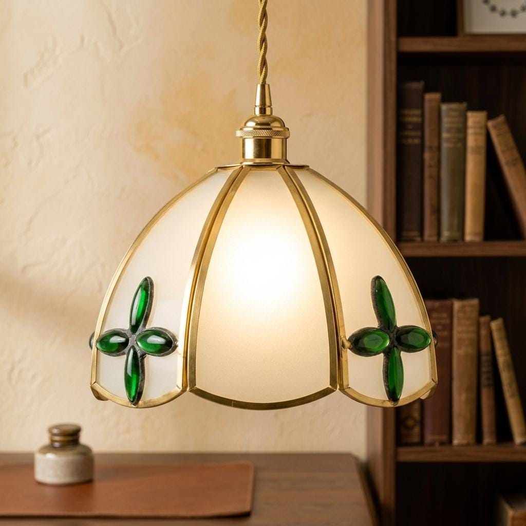 Green Floral Stained Glass Pendant Light, Cream Scalloped Dome Ceiling Lamp