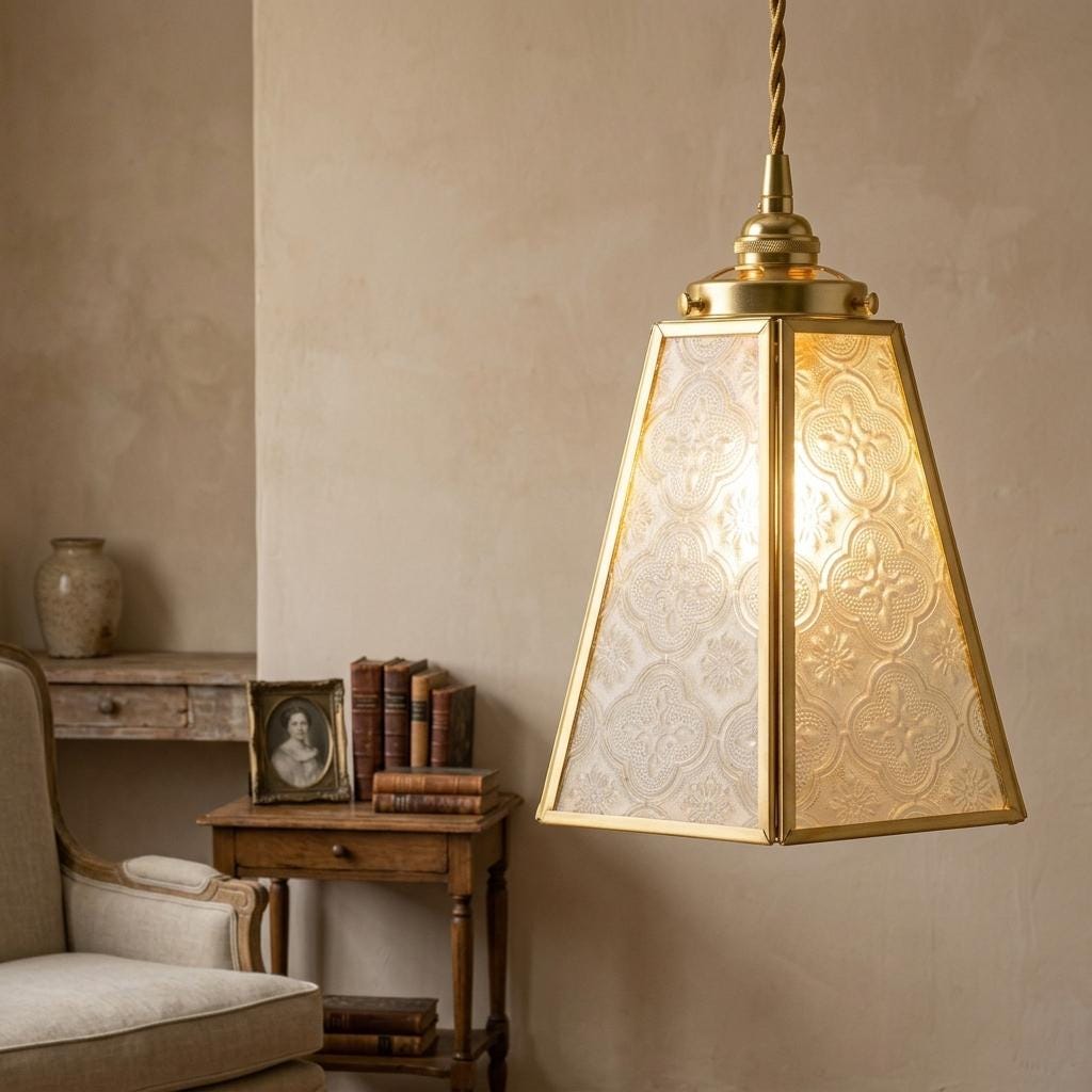 Gold Patterned Glass Pendant Light, Vintage Boho Hanging Lamp, Small Brass Fixture