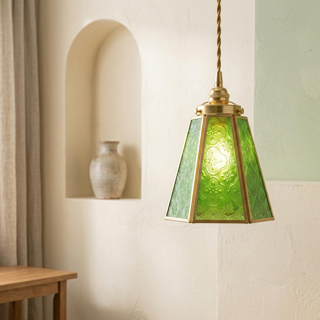 Green Embossed Glass Pendant Light, Vintage Floral Hanging Lamp, Entryway Fixture