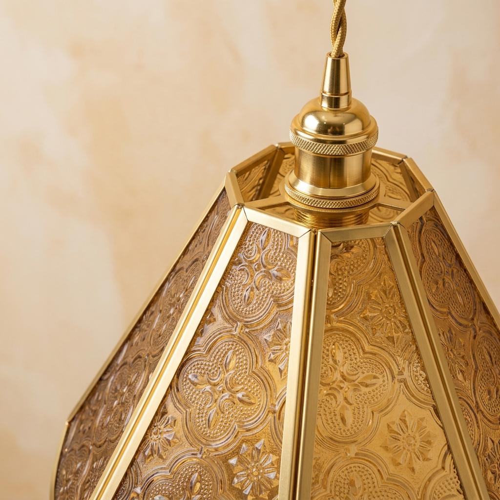 Amber Floral Stained Glass Pendant Light, Vintage Gold Scalloped Ceiling Lamp