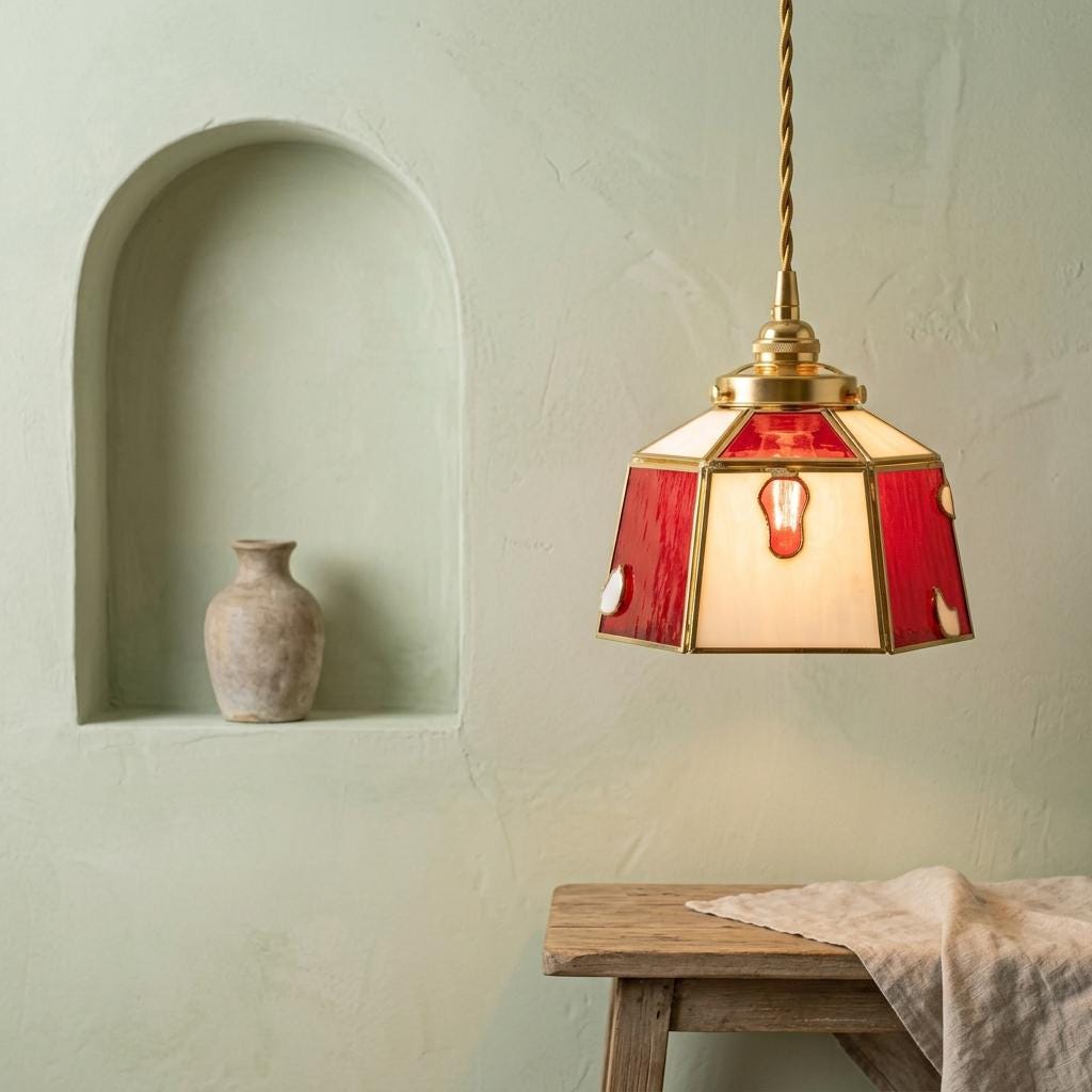 Red Stained Glass Pendant Light, Vintage Tiffany Style Hanging Lamp, Handmade Glass Ceiling Light for Kitchen Island, Boho Decor