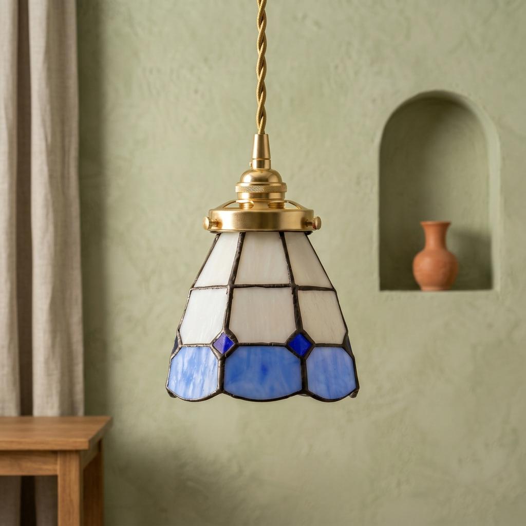 Handmade Blue Cream Geometric Stained Glass Pendant Light, Vintage Boho Mini Hanging Lamp