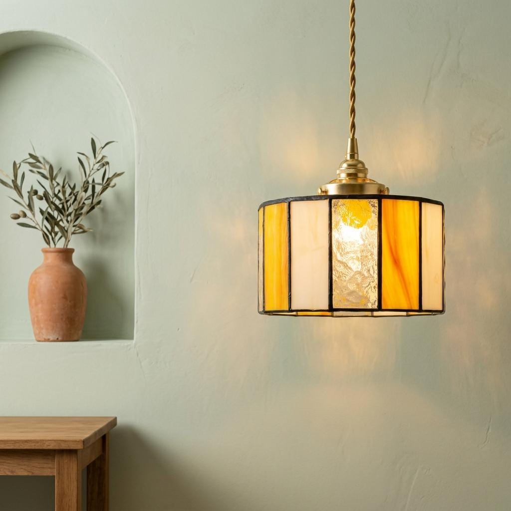 Amber Cream Stained Glass Pendant Light, Geometric Drum Hanging Lamp, Mid Century Decor