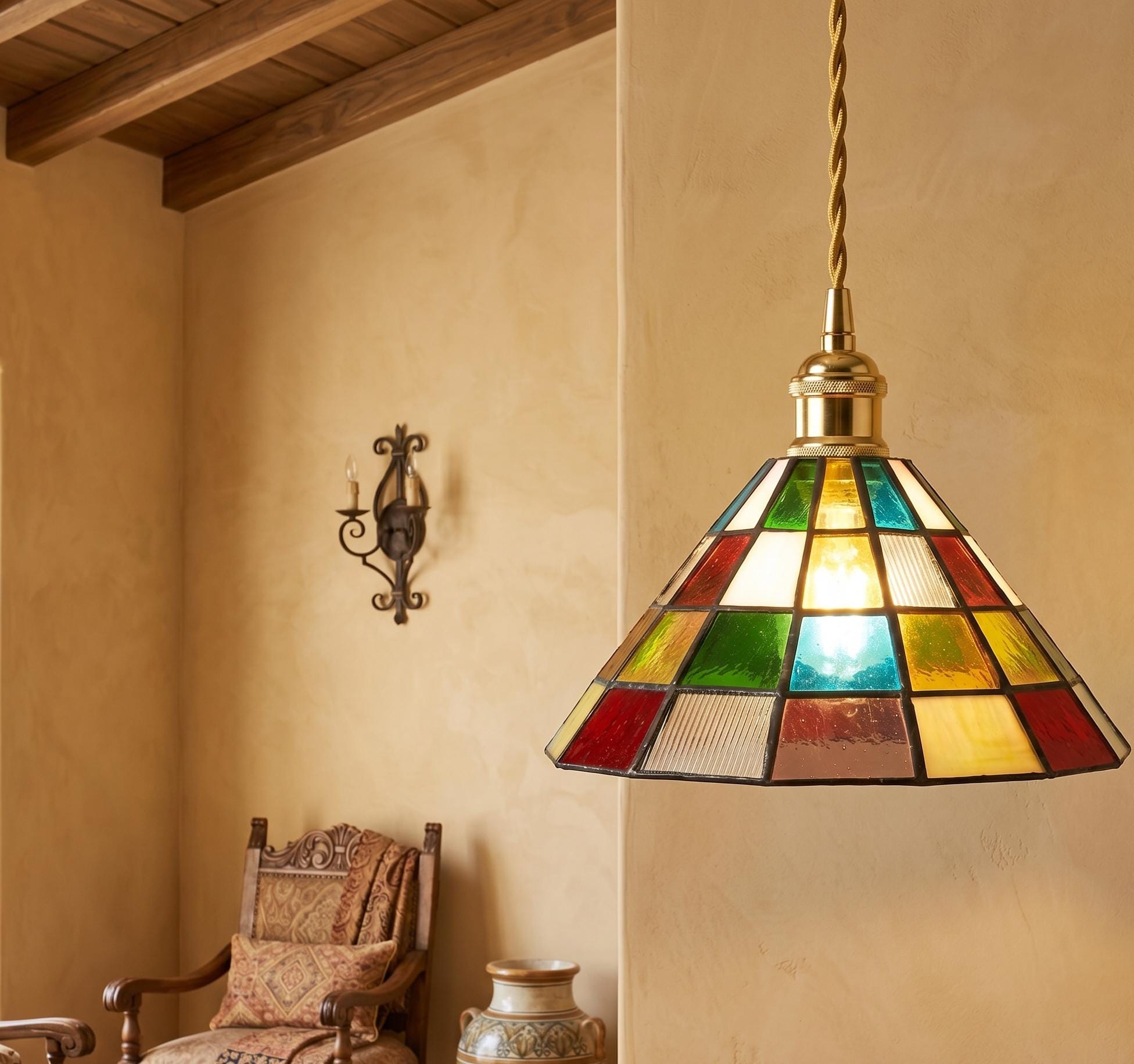 Handmade Stained Glass Pendant Light, Colorful Mosaic Tiffany Style Hanging Lamp, Geometric Glass Ceiling Light for Kitchen Island Decor