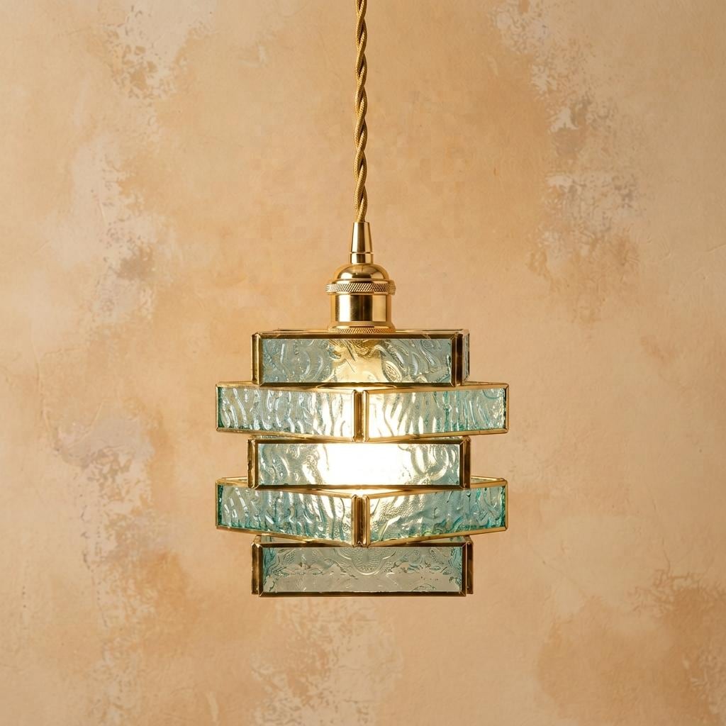 Aqua Blue Glass Stained Pendant Light, Stacked Geometric Brass Hanging Lamp