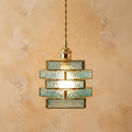 Aqua Blue Glass Stained Pendant Light, Stacked Geometric Brass Hanging Lamp
