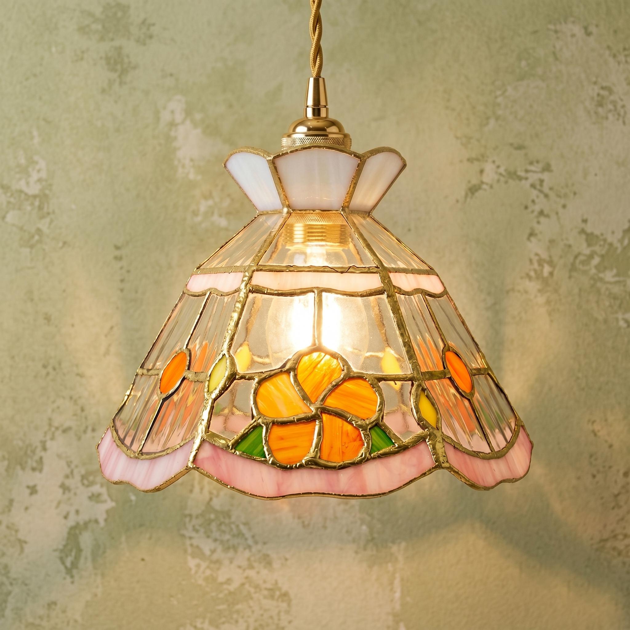 Handmade Stained Glass Pendant Light, Pink Floral Tiffany Style Hanging Lamp, Cottagecore Flower Ceiling Light, Vintage Art Glass Decor
