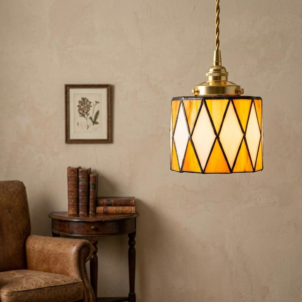 Handmade Geometric Stained Glass Pendant Light, Amber Orange Yellow Boho Fixture
