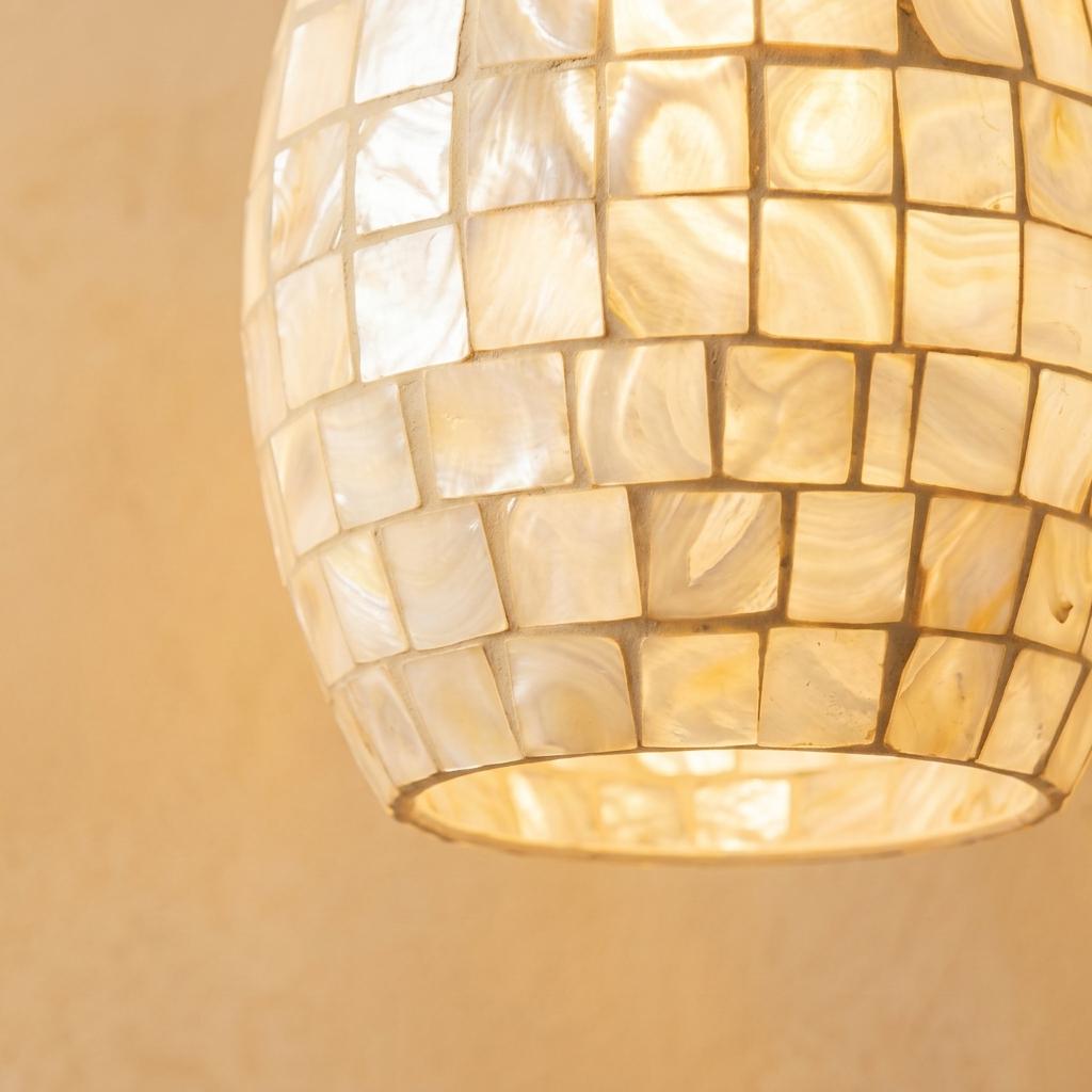 Cream Mosaic Glass Pendant Light Shade, Oval Hanging Lamp Cover, Warm Cottage Decor