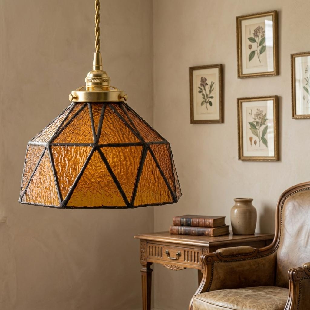 Amber Geometric Stained Glass Pendant Light, Art Deco Gold Ceiling Fixture