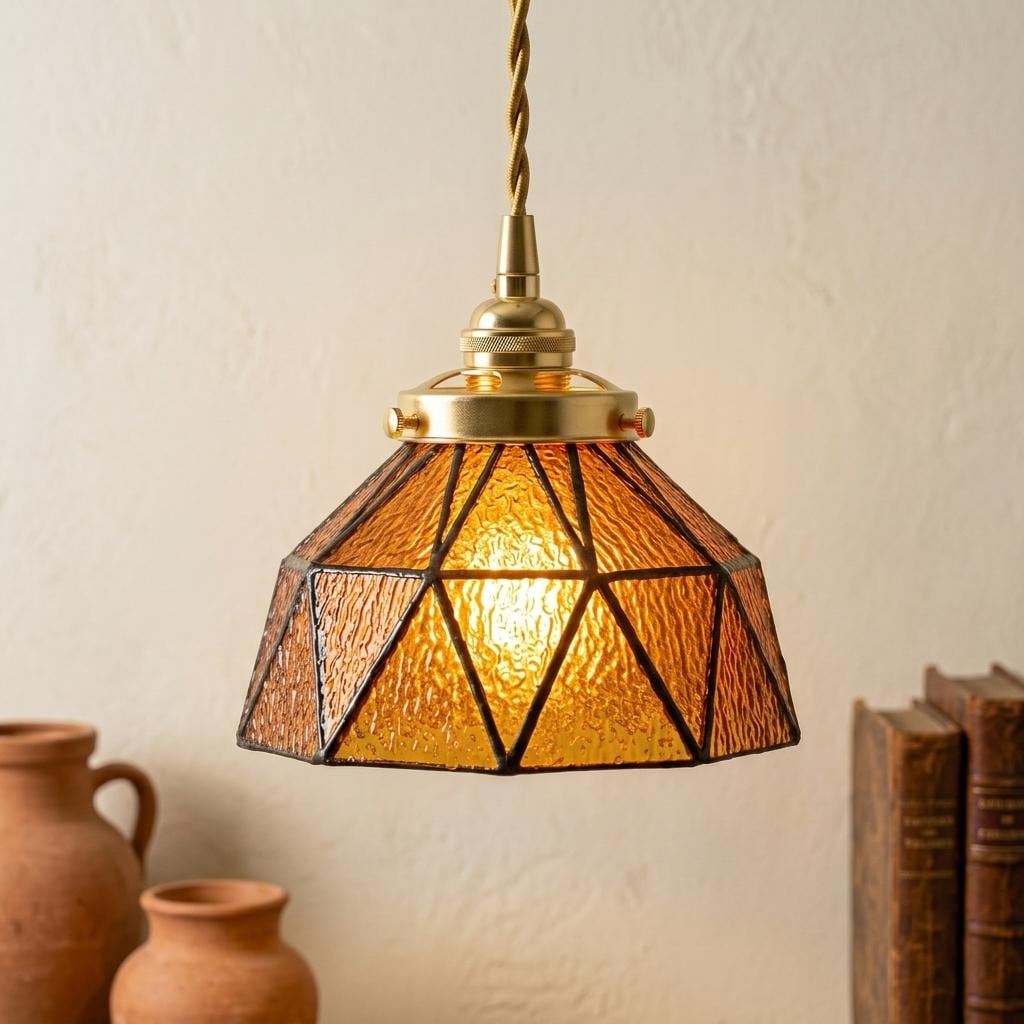 Amber Geometric Stained Glass Pendant Light, Art Deco Gold Ceiling Fixture