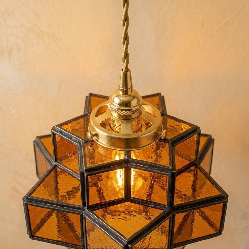 Amber Geometric Stained Glass Pendant Light, Tiered Cube Hanging Lamp