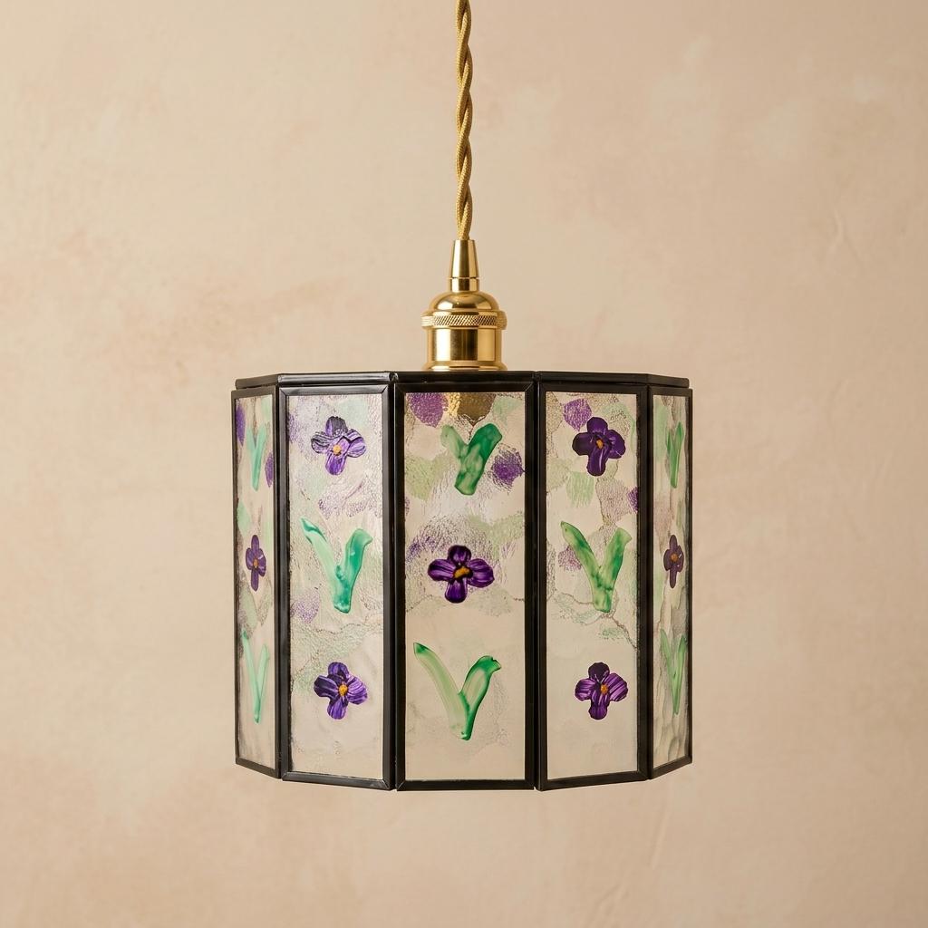 Violet Flower Stained Glass Pendant Light, Purple Floral Hanging Lamp, Geometric Tiffany Style Ceiling Light, Cottagecore Lighting