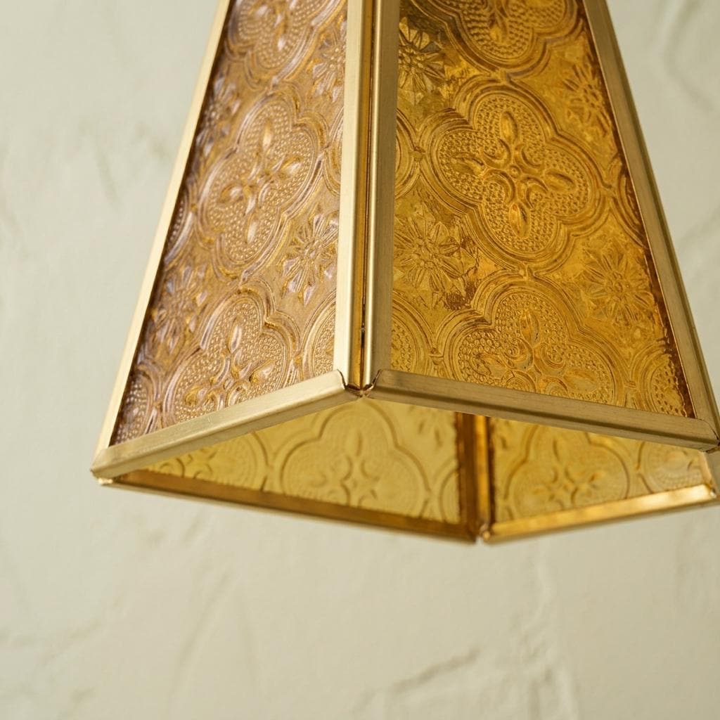 Amber Glass Pendant Light, Ornate Gold Floral Pattern Hanging Lamp