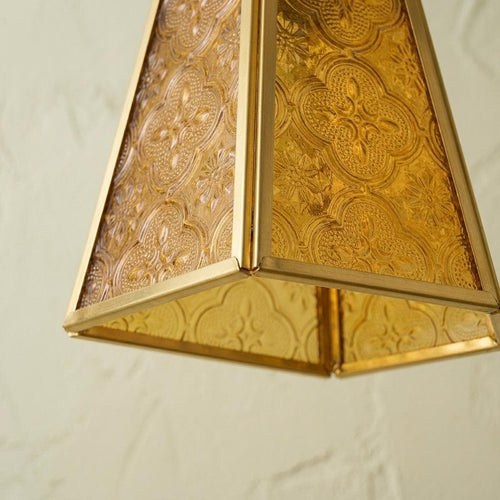 Amber Glass Pendant Light, Ornate Gold Floral Pattern Hanging Lamp