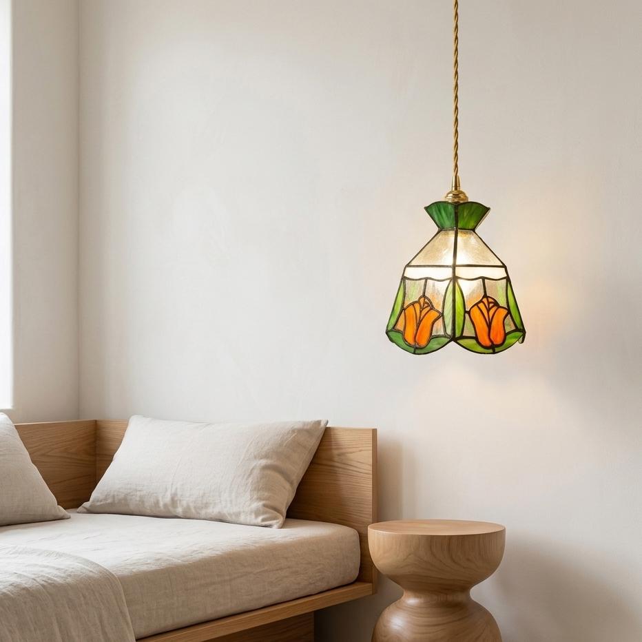 Handmade Stained Glass Tulip Pendant Light, Tiffany Style Floral Hanging Lamp, Orange Green Flower Ceiling Light, Kitchen Island Lamp