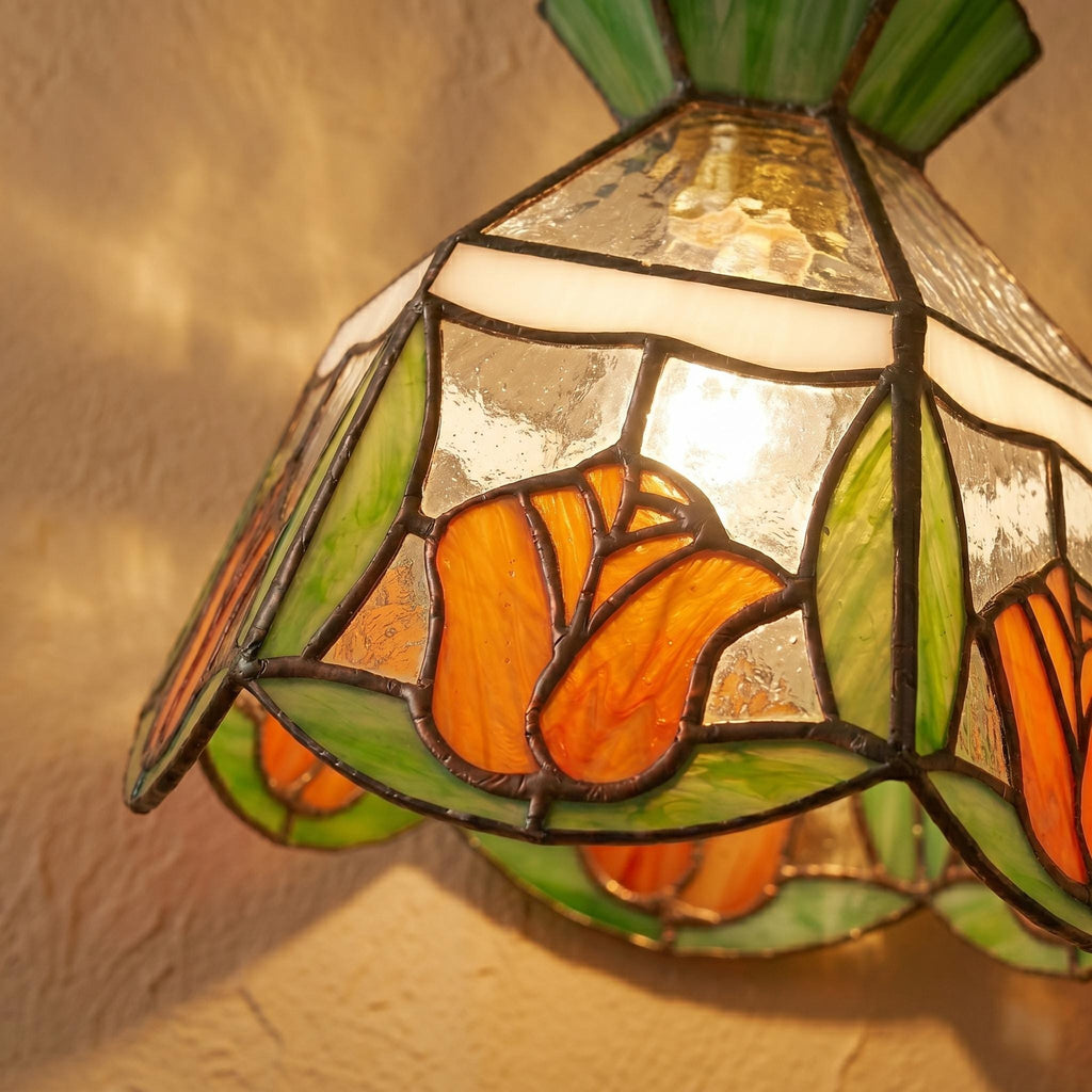 Handmade Stained Glass Tulip Pendant Light, Tiffany Style Floral Hanging Lamp, Orange Green Flower Ceiling Light, Kitchen Island Lamp