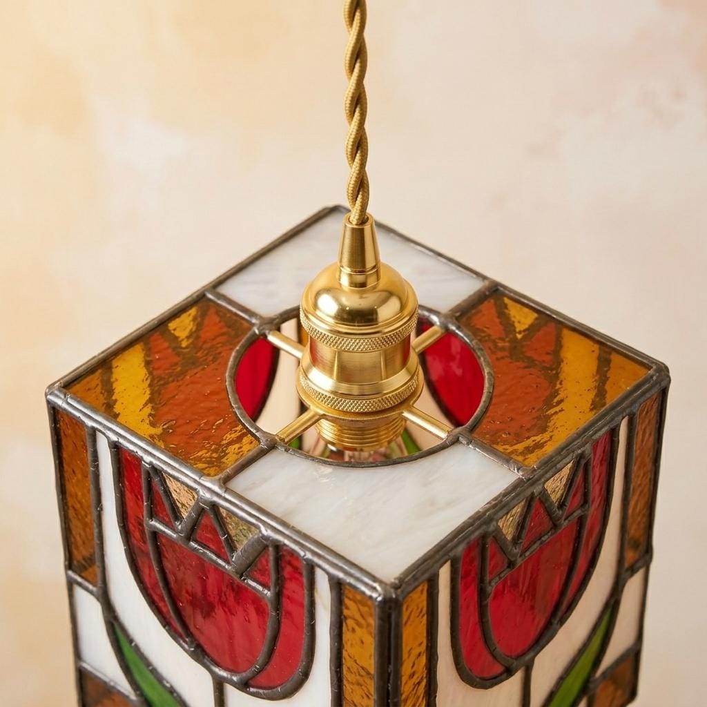 Stained Glass Pendant Light, Pink Tulip Flower Hanging Lamp, Tiffany Style Square Ceiling Light, Cottagecore Floral Decor