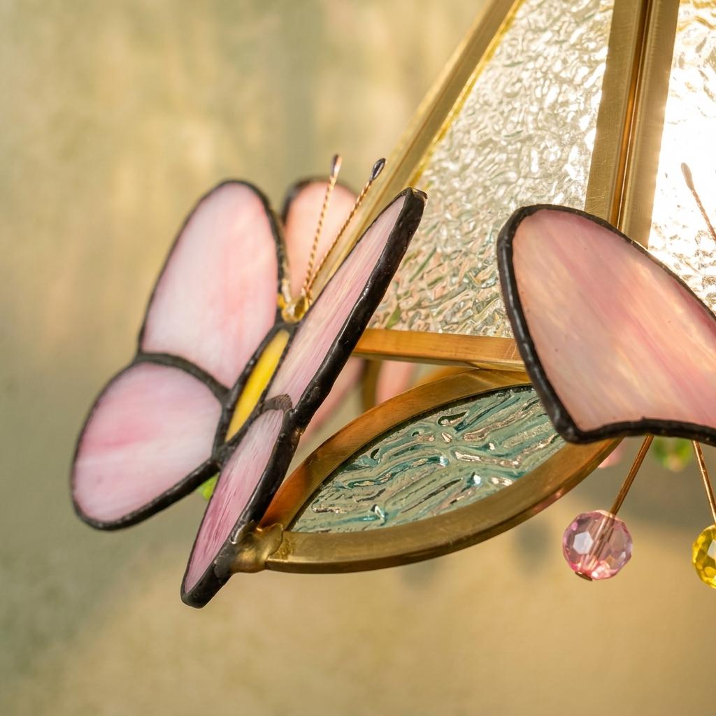 Stained Glass Butterfly Pendant Light Shade, Pink Cottagecore Art Nouveau Lamp