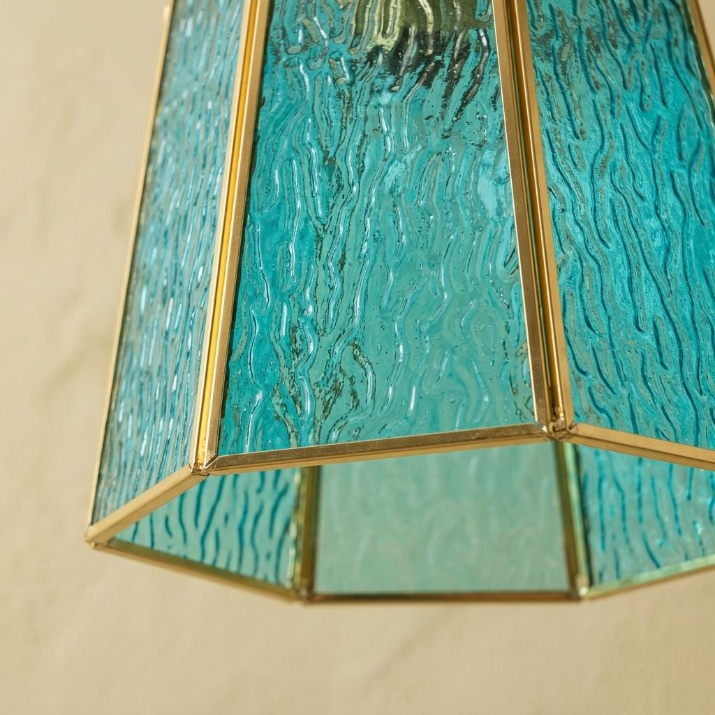 Aqua Blue Textured Glass Pendant Light, Geometric Coastal Entryway Fixture