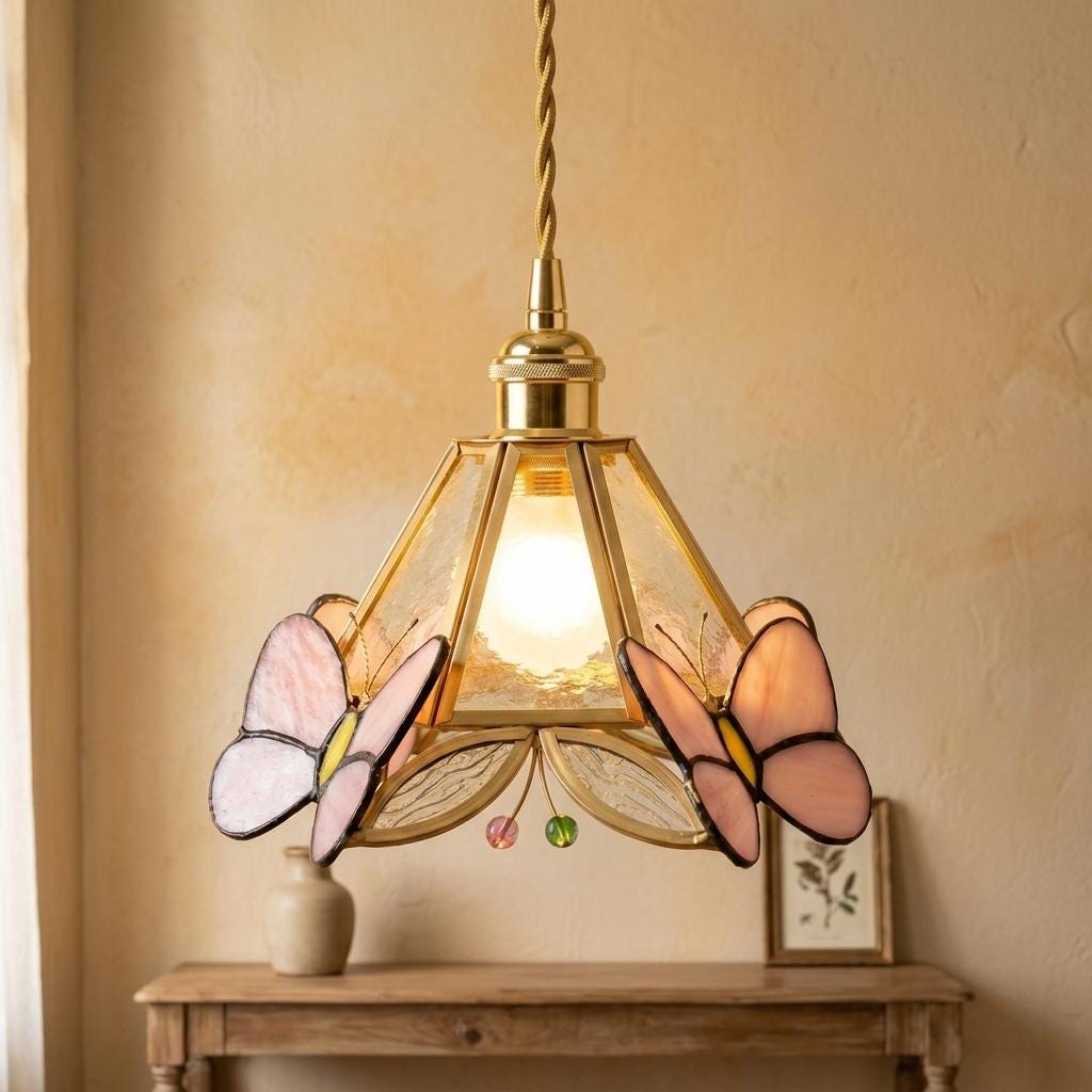 Handmade Pink Butterfly Stained Glass Pendant Light, Brass Cottagecore Decor