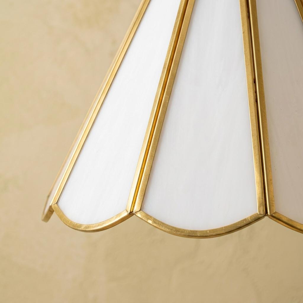 Stained Glass Pendant Light, Ivory White Scalloped Hanging Lamp, Tiffany Style Gold Ceiling Fixture, Cottagecore Kitchen Lighting