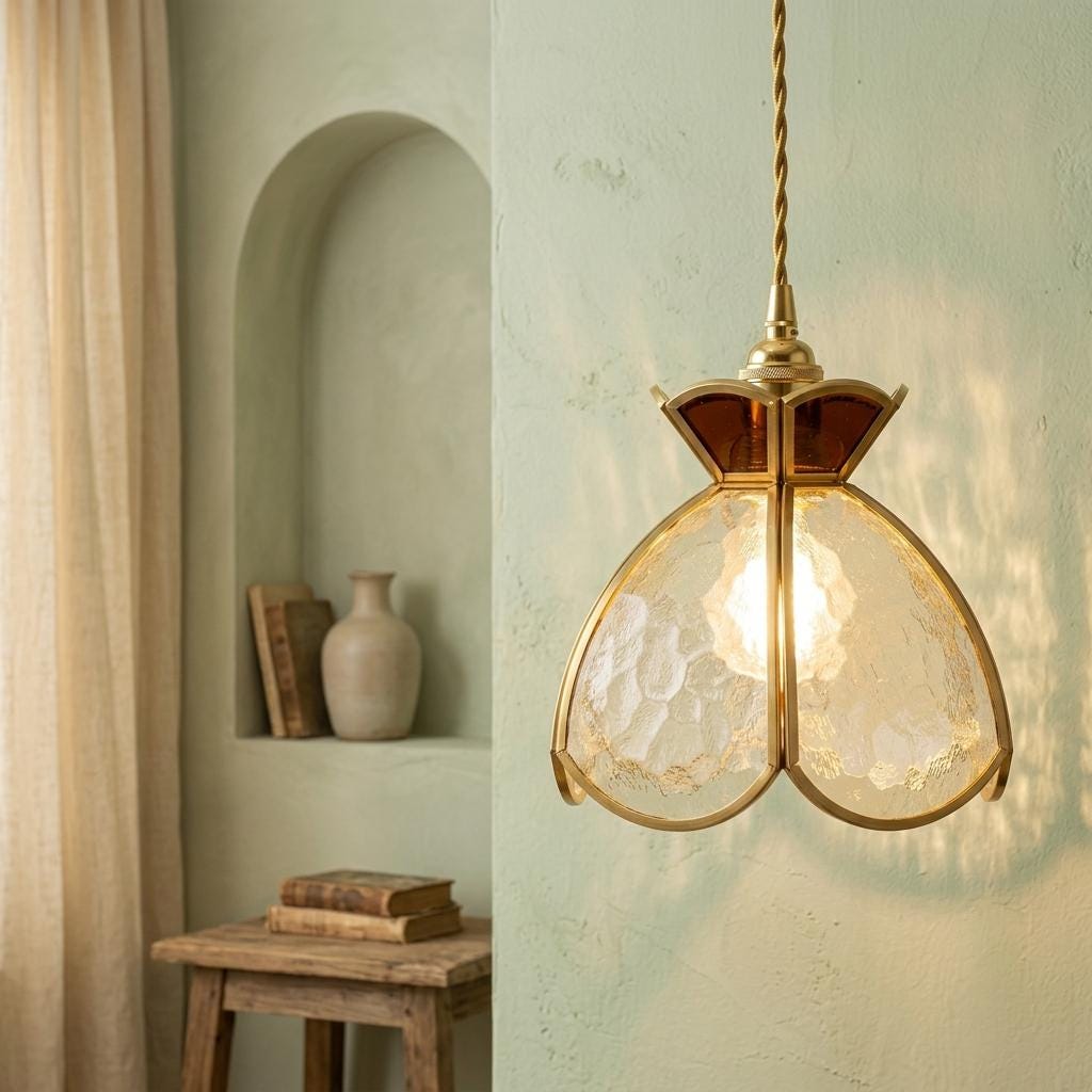 Handmade Butterfly Stained Glass Pendant Light, Amber Brass Hanging Lamp
