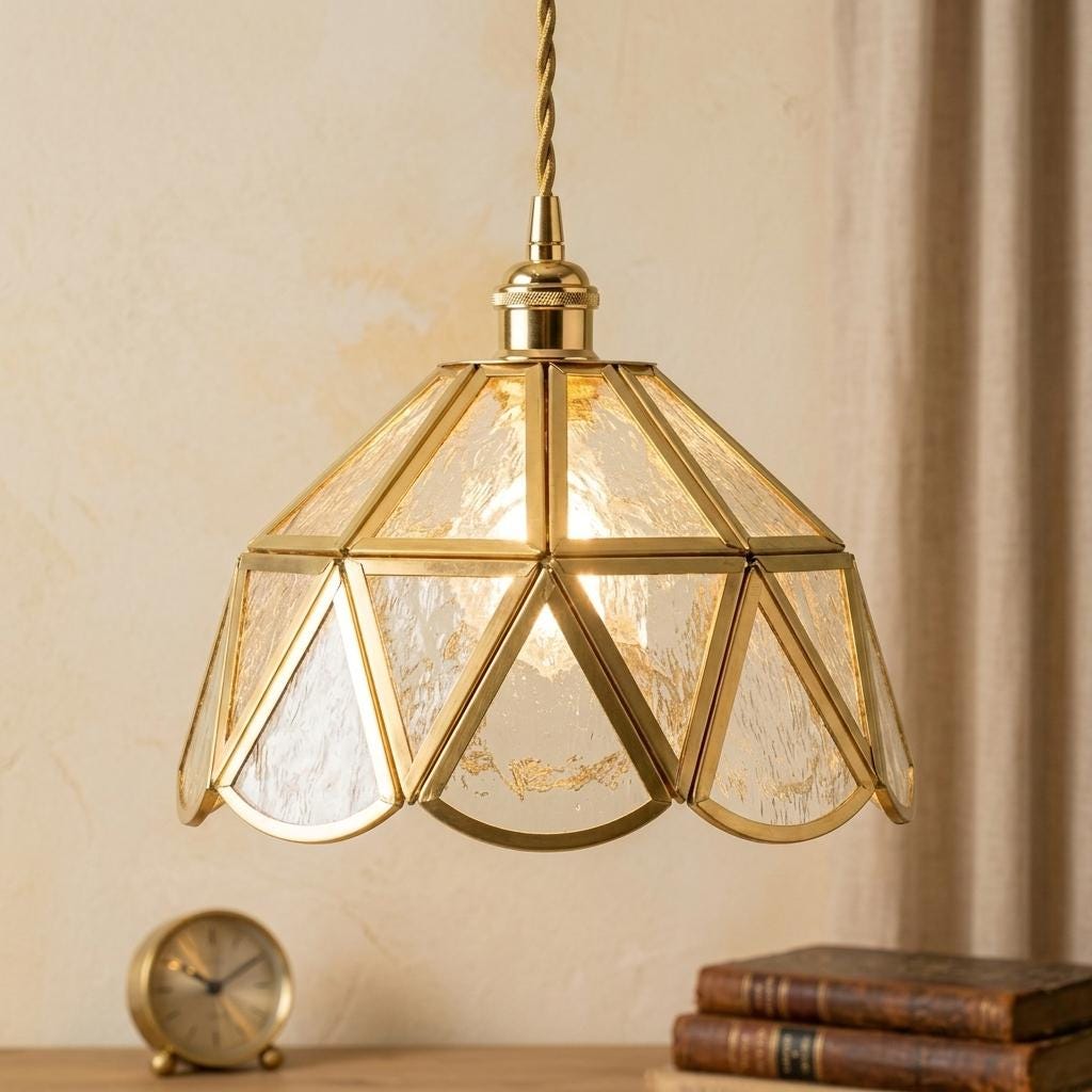Textured Glass Pendant Light, Geometric Copper Tone Hanging Lamp, Scalloped Vintage Style
