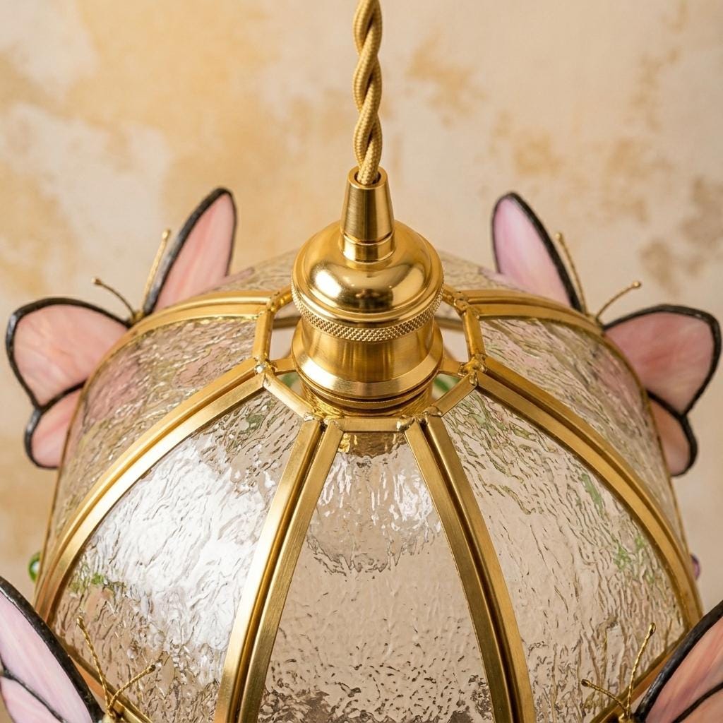 Pink Butterfly Stained Glass Pendant Light, Handmade Tiffany Style Hanging Lamp, Cottagecore Floral Glass Light, Butterfly Ceiling Lamp