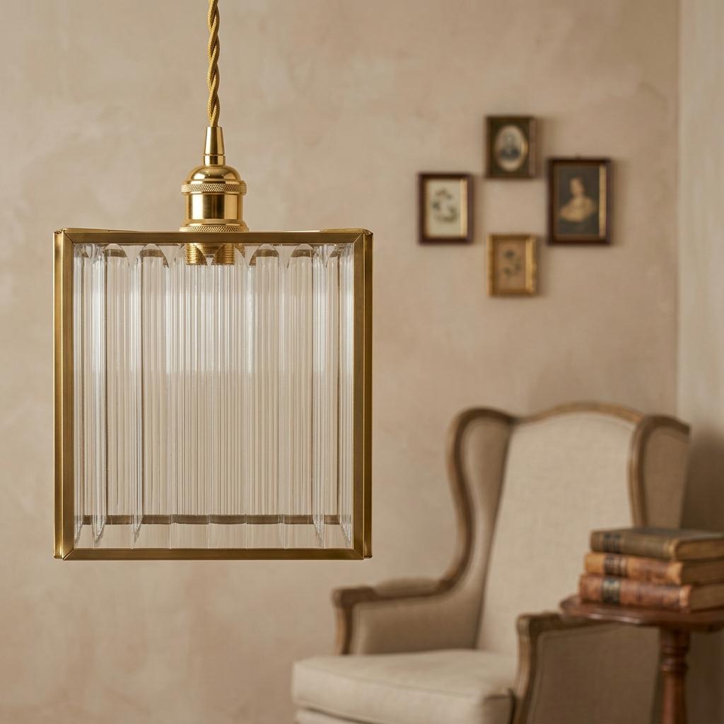 Square Ribbed Glass Pendant Light, Brass Tone Art Deco Hanging Lamp