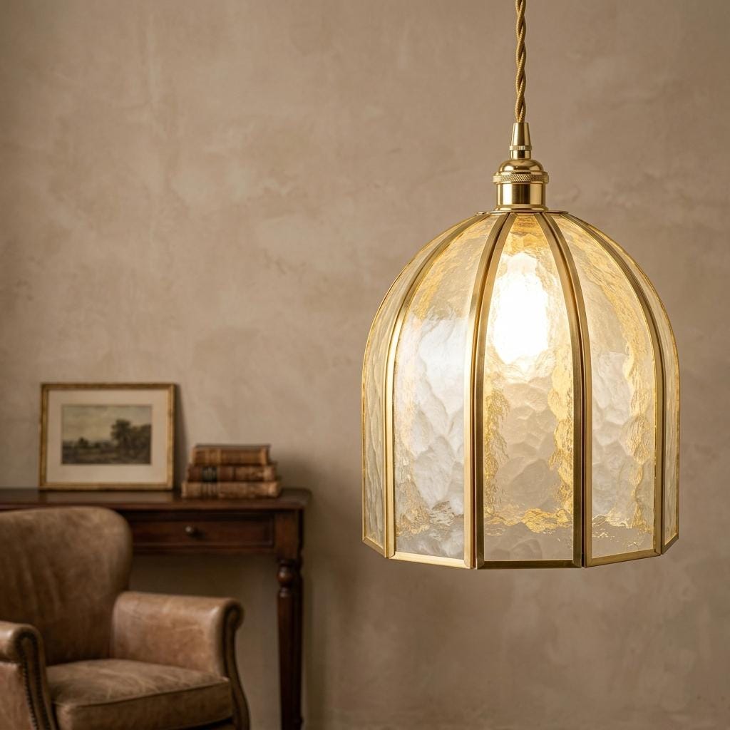 Handmade Dome Stained Glass Pendant Light, Art Deco Brass Kitchen Island Decor