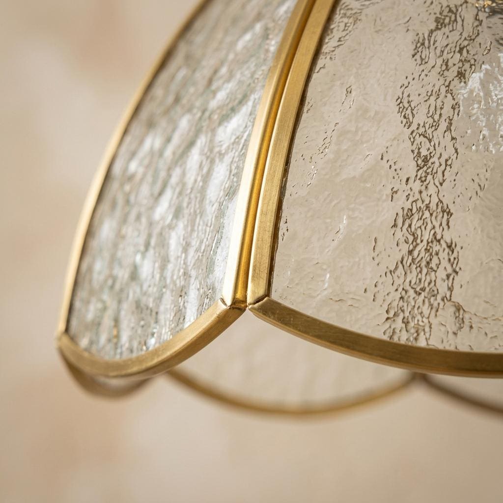 Textured Glass Scalloped Dome Pendant Light, Vintage Brass Tone Fixture