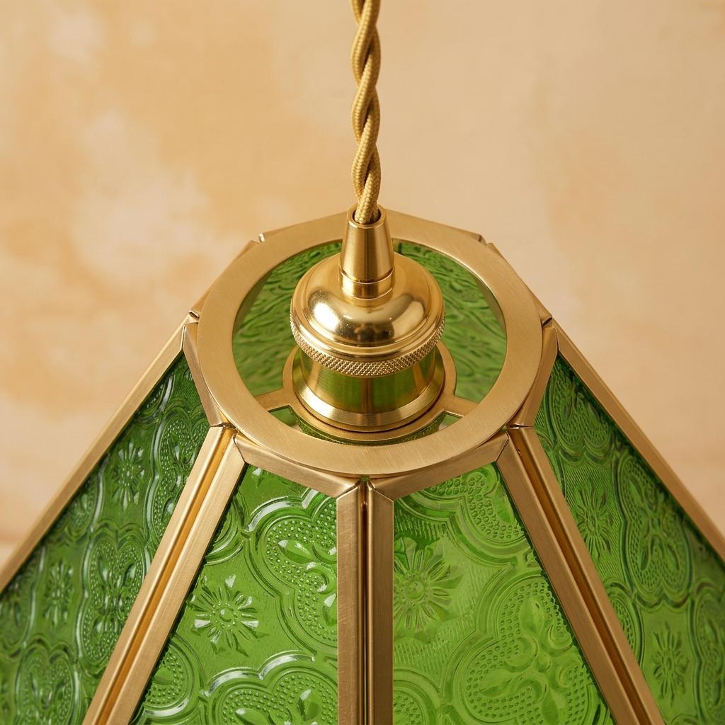 Green Stained Glass Pendant Light, Scalloped Floral Hanging Lamp, Tiffany Style Vintage Ceiling Light, Cottagecore Decor