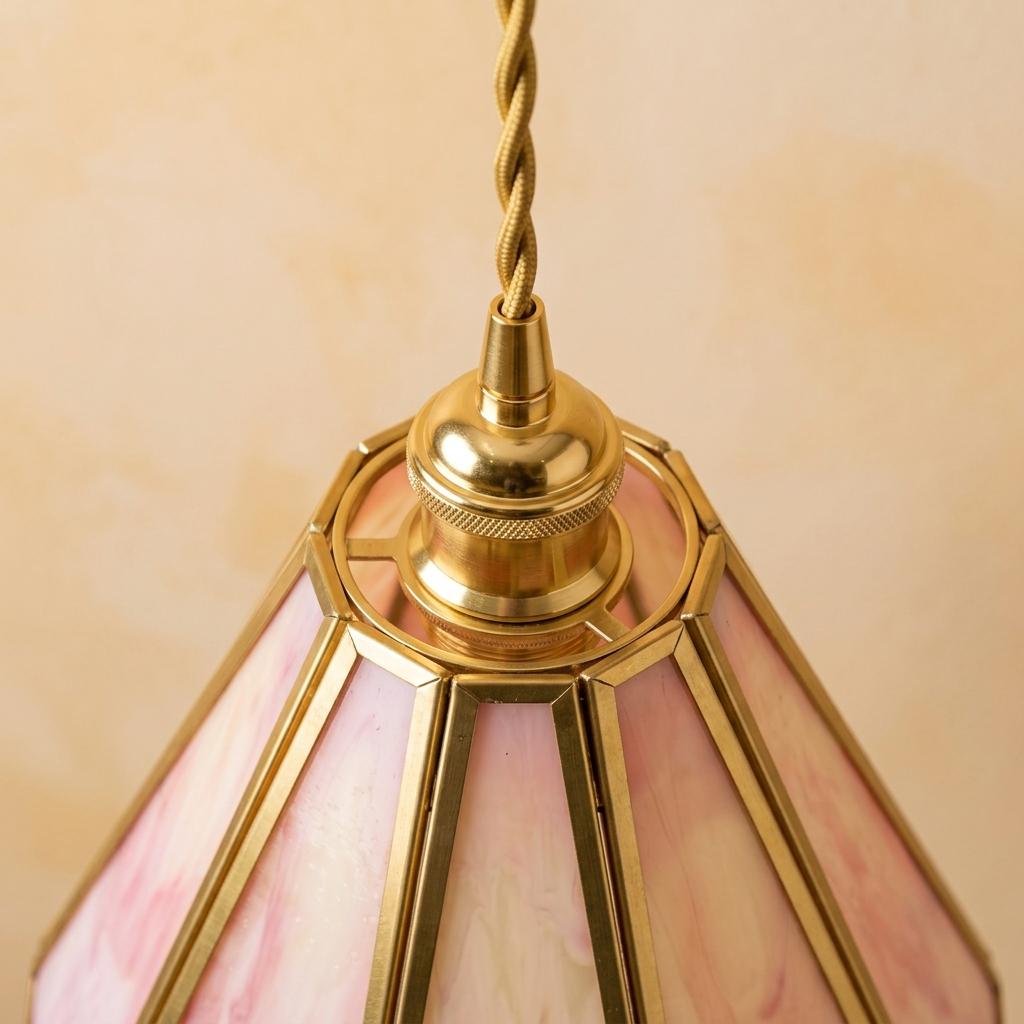 Pink Scalloped Stained Glass Pendant Light, Floral Cottagecore Hanging Lamp