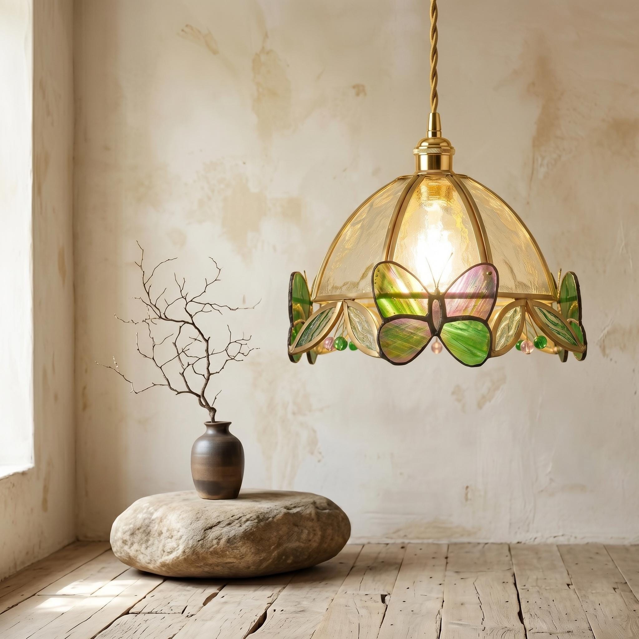 Green Butterfly Stained Glass Pendant Light, Handmade Dome Hanging Lamp, Cottagecore Tiffany Style Ceiling Light for Bedroom Decor