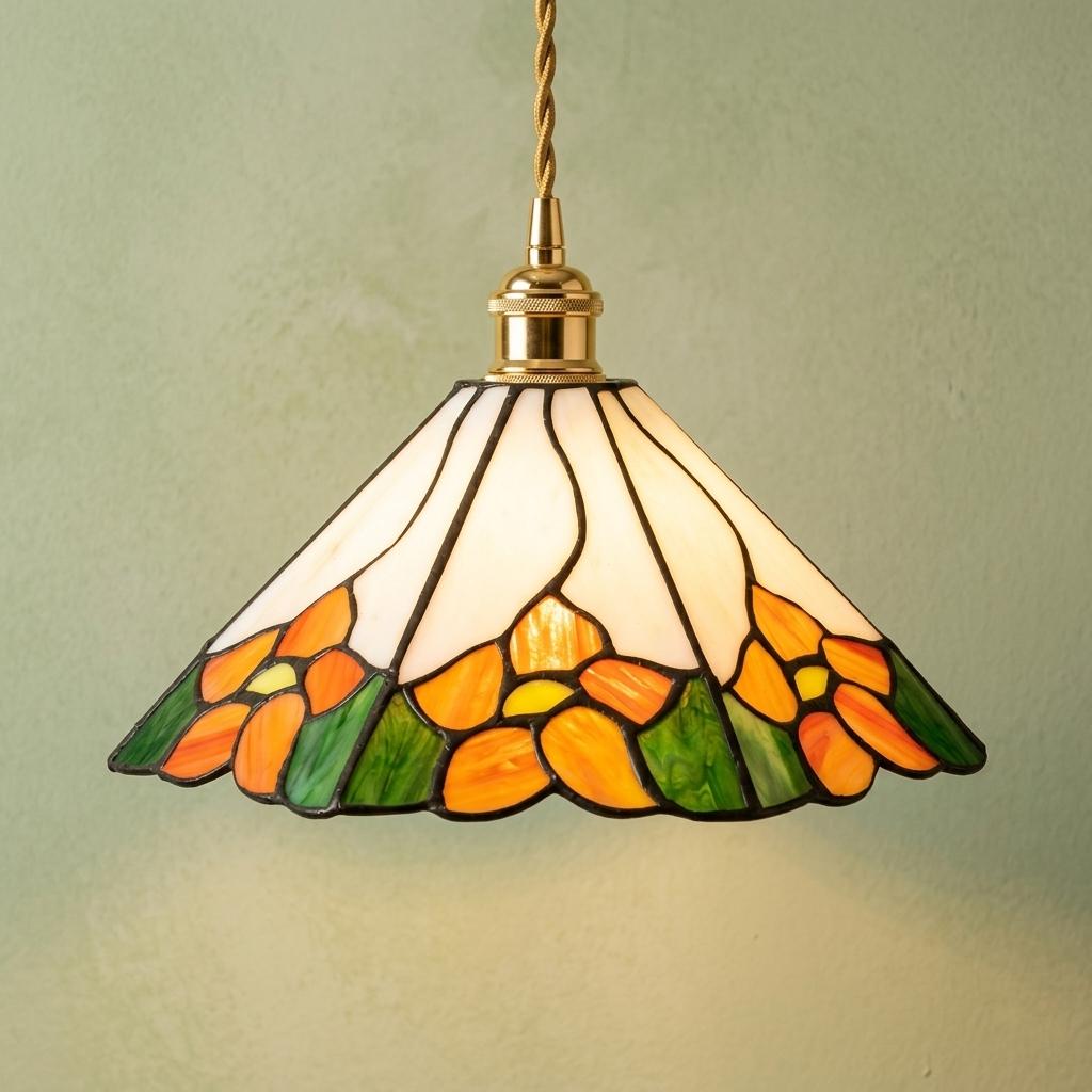Tiffany Style Floral Pendant Light, Handmade Stained Glass Hanging Lamp, Orange Flower Cottagecore Ceiling Light