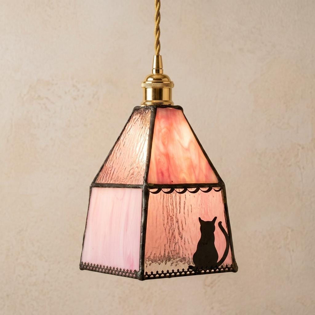 Handmade Pink Stained Glass Cat Lampshade, Vintage Style Replacement Shade