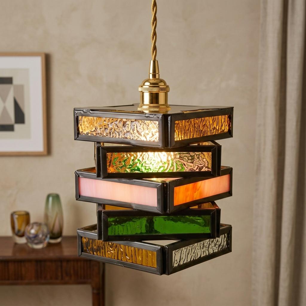 Stained Glass Pendant Light, Layered Geometric Hanging Lamp, Colorful Art Deco Boho Lighting