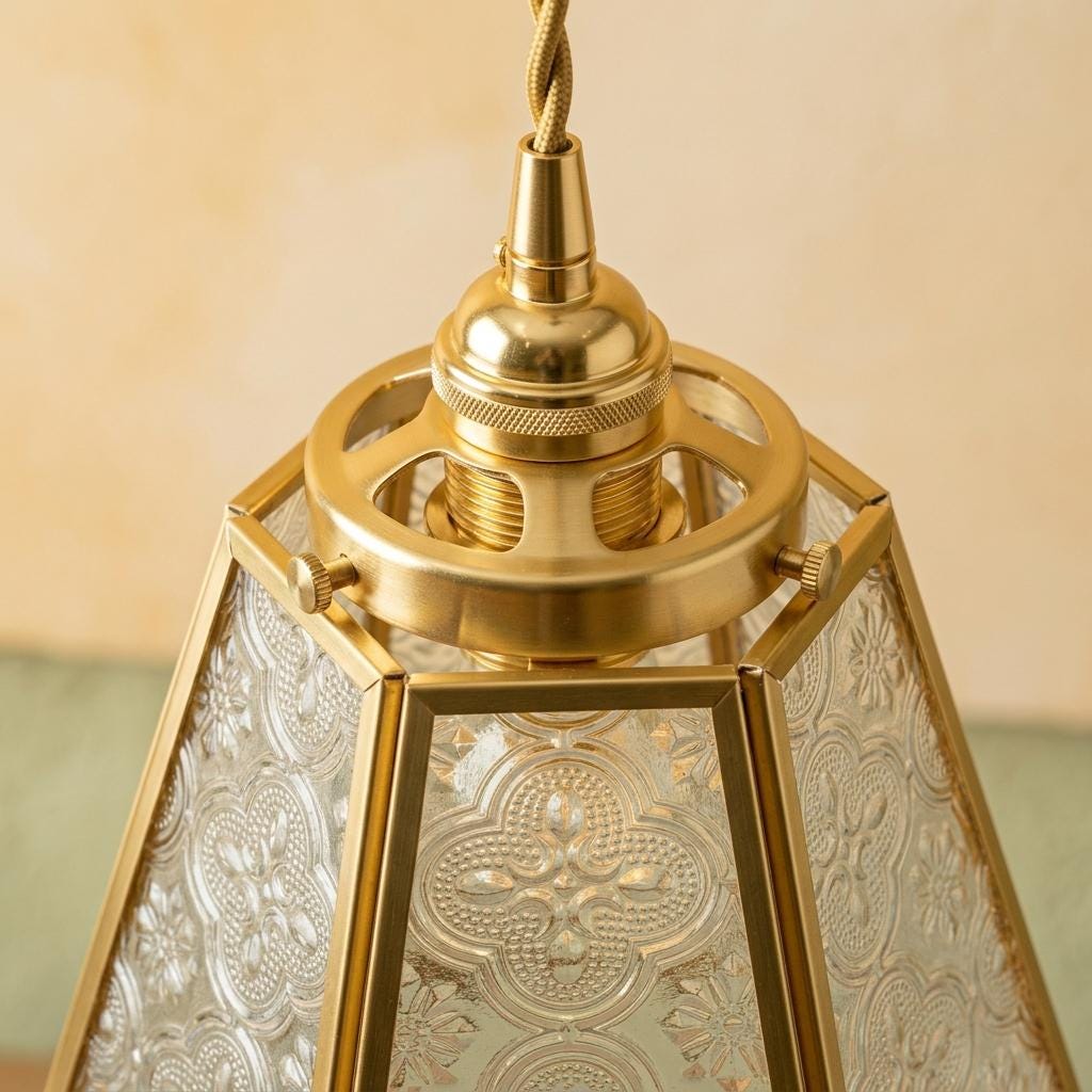 Gold Patterned Glass Pendant Light, Vintage Boho Hanging Lamp, Small Brass Fixture