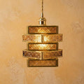 Amber Stained Glass Pendant Light, Geometric Art Deco Hanging Lamp, Brass Tone Fixture