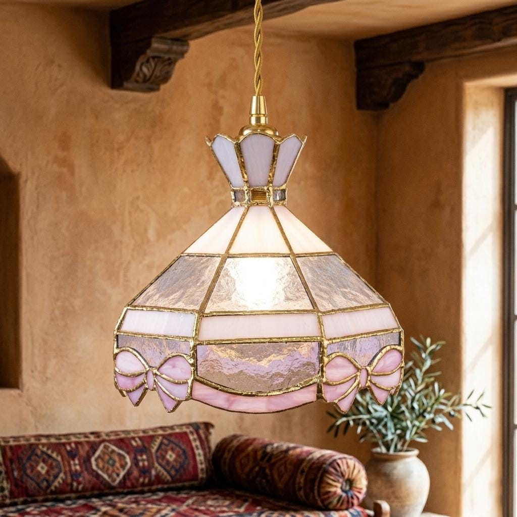 Pink Bow Stained Glass Pendant Light, Handmade Mini Hanging Lamp, Tiffany Style Cottagecore Nursery Ceiling Light Fixture