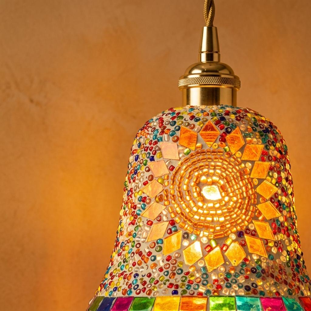 Handmade Mosaic Glass Pendant Light, Sunburst Mandala Boho Ceiling Lamp