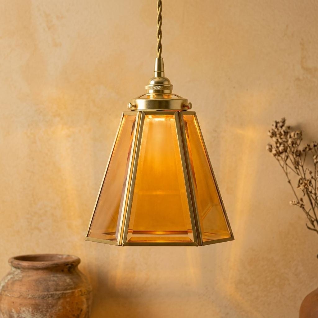 Amber Geometric Glass Pendant Light, Faceted Art Deco Hanging Lamp