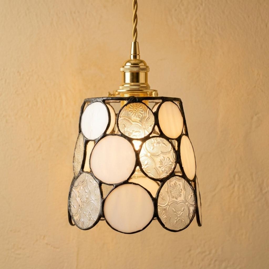 Cream Textured Stained Glass Pendant Light, Vintage Style Ceiling Lamp