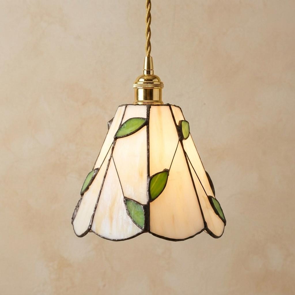 Stained Glass Pendant Light, Green Leaf Vine Hanging Lamp, Cream Scalloped Tiffany Style Ceiling Light, Cottagecore Botanical Decor