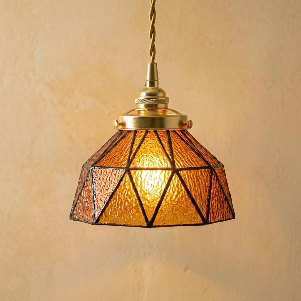 Amber Geometric Stained Glass Pendant Light, Art Deco Gold Ceiling Fixture