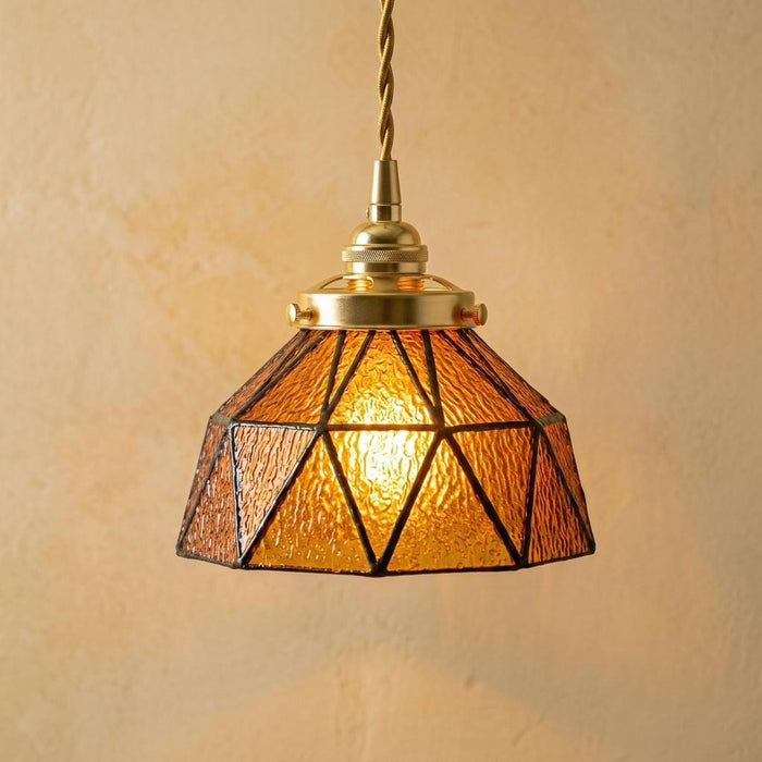 Amber Geometric Stained Glass Pendant Light, Art Deco Gold Ceiling Fixture